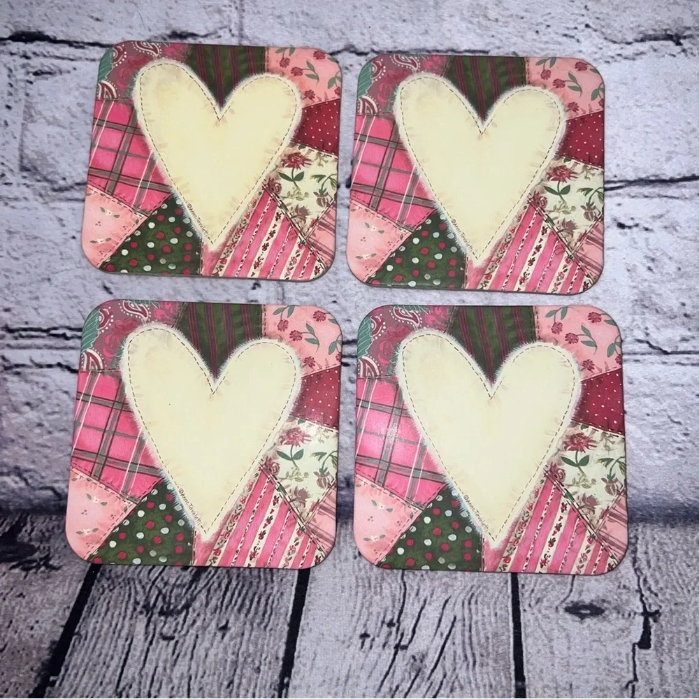 Quilted Heart Pattern Cork Coasters Set of 4‎
